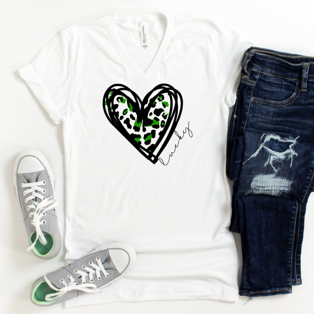 V-Neck: Black And Green Leopard Heart With Lucky