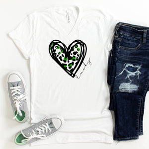 V-Neck: Black And Green Leopard Heart With Lucky-Plus Sizes