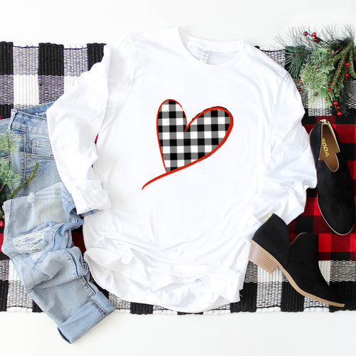 Long Sleeve: Black And White Plaid Heart With Red Outline-Plus Sizes