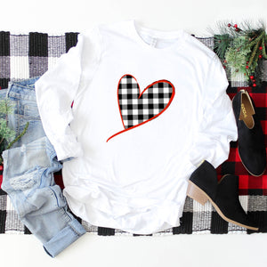 Long Sleeve: Black And White Plaid Heart With Red Outline