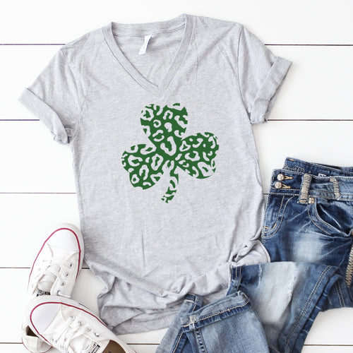 V-Neck: Leopard Green Shamrock-Plus Sizes