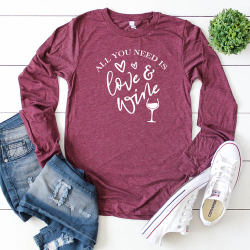 Long Sleeve: All You Need Is Love & Wine (White)-Plus Sizes