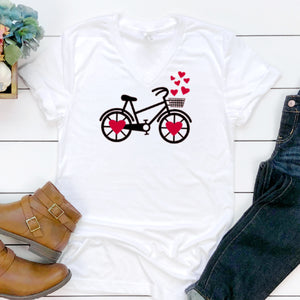 V-Neck: Black & Red Heart Bicycle