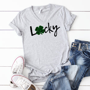 V-NECK- Lucky With Green Leopard Clover