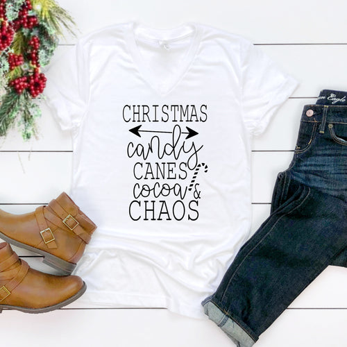 V-Neck: Christmas Candy Canes Cocoa & Chaos-Plus Sizes