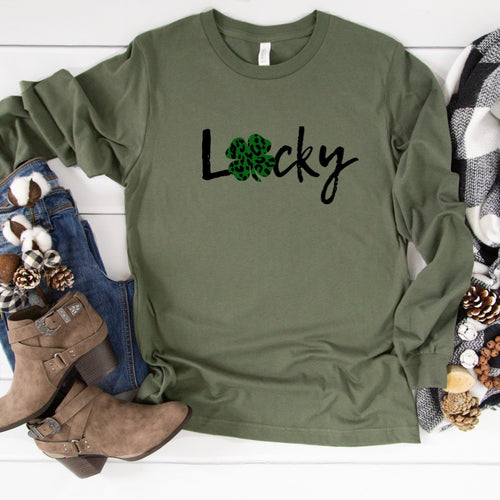 Long Sleeve: Lucky With Green Leopard Clover