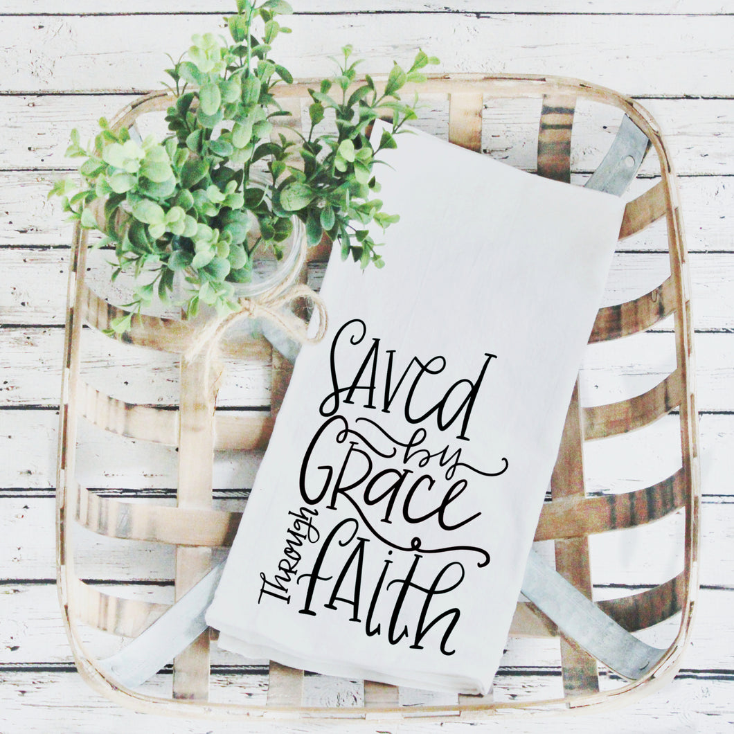 Tea Towels- Saved By Grace, Graphic Tea Towels